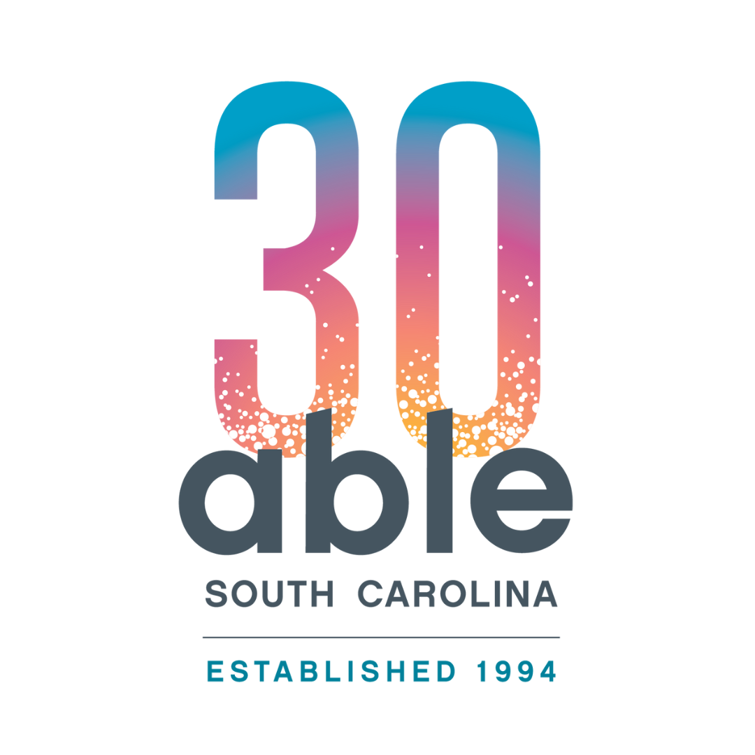 New Able SC 30th anniversary logo. Centered gray text in lowercase letters reads, 'able,' with 'South Carolina' underneath in all capital letters. Behind this text is a tall number '30' in an orange to pink to purple to light blue gradient in a sunrise effect. White bubble effect comes from the bottom and appears to float upward within the number 30. Below the text and number is a thin gray horizontal line. Below the line is capitalized dark blue text reading, 'Established 1994.'