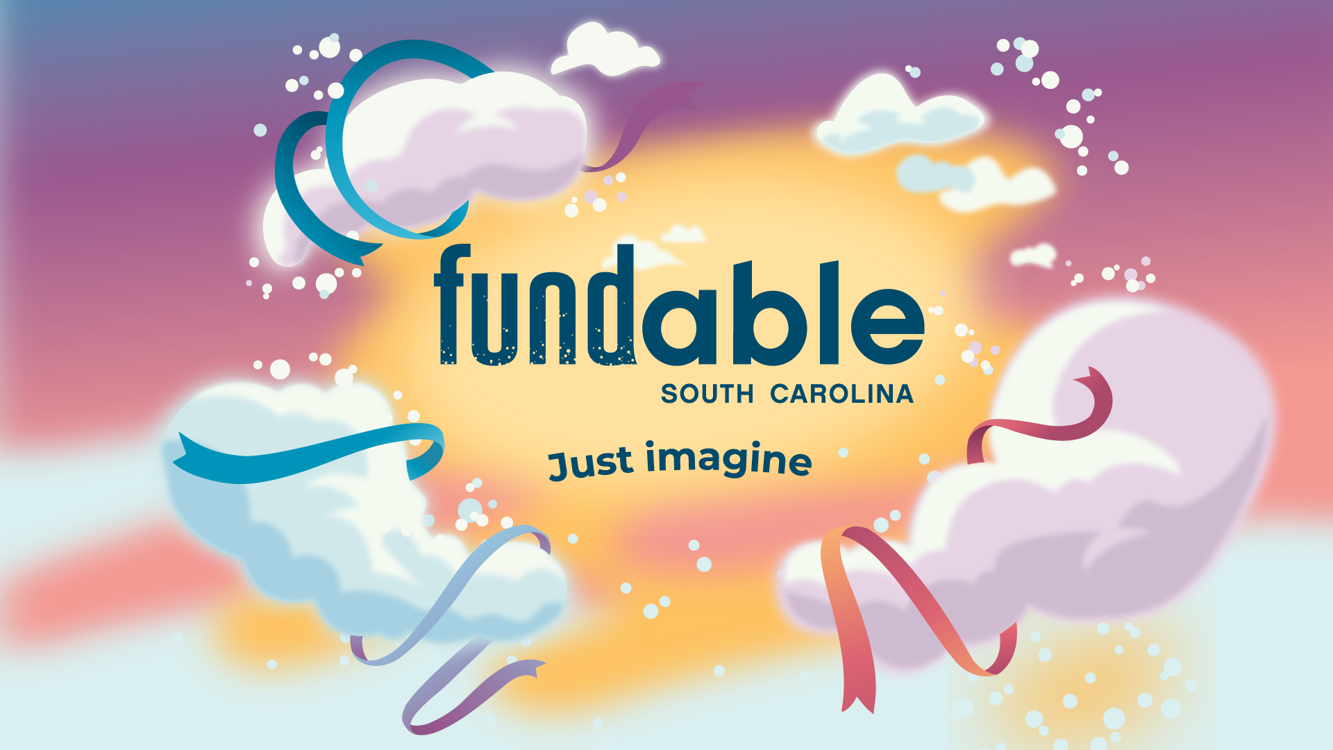 Graphic with yellow, orange, gold, pink, and purple tones blurred together in a dreamlike effect in the background. Centered is a logo that reads, 'Fundable, Just Imagine.' The text is surrounded by fluffy clouds and swirling ribbons in blues, purples, and pinks.
